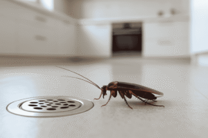 תיקן אמריקאי על רצפת מטבח נקייה ליד פתח ניקוז, צילום תקריב המשמש להמחשת בעיית ג'וקים בבית.