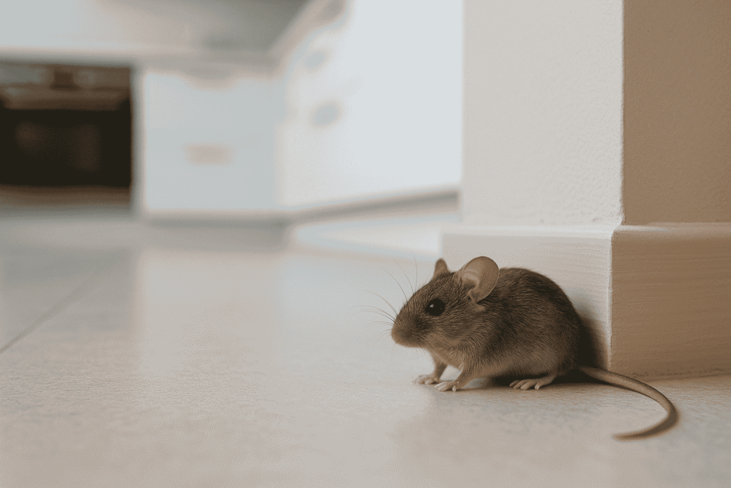 עכבר קטן יושב בפינת מטבח מודרני, צמוד לקיר בהיר — המחשה לבעיה של מכרסמים בבית.