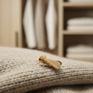 עש קטן על בד בהיר בתוך ארון בגדים