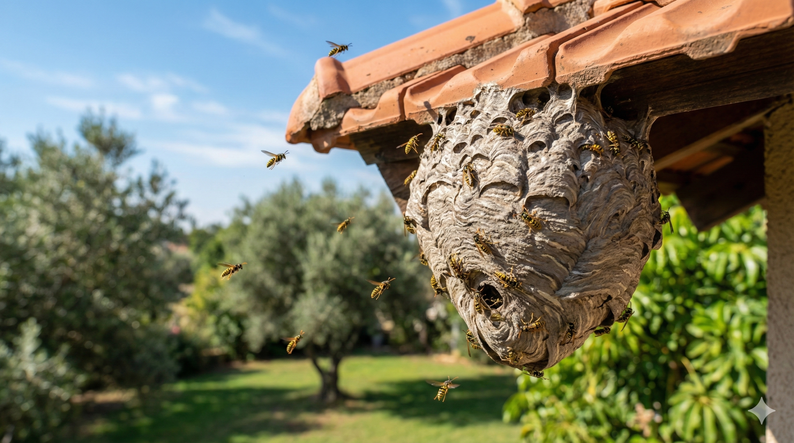 קן צרעות גדול בצבע אפור תלוי מתחת לגג רעפים כתומים עם צרעות צהובות-שחורות מעופפות סביבו, ברקע חצר ירוקה עם עצי זית ושמיים כחולים - הדברת צרעות מקצועית