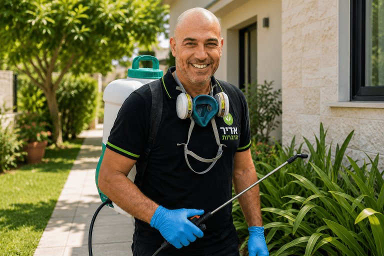 מדביר מוסמך מבצע הדברת מזיקים בבית פרטי בחדרה באמצעות ציוד הדברה מקצועי.