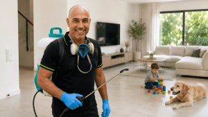 מדביר מקצועי של אדיר הדברות בבית ישראלי מודרני, כאשר ילד קטן וכלב משפחתי נמצאים בבטחה ברקע במהלך הדברה בטוחה לבית עם ילדים ובעלי חיים.