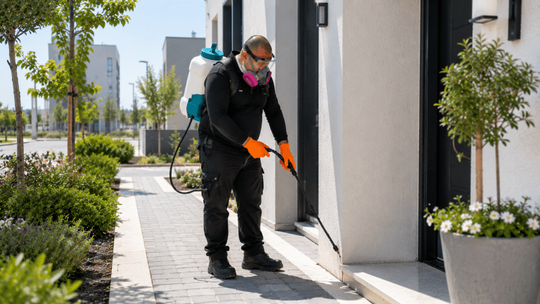 מדביר מקצועי מבצע הדברה בבית פרטי בחריש באמצעות ציוד מתקדם וחומרים מאושרים.